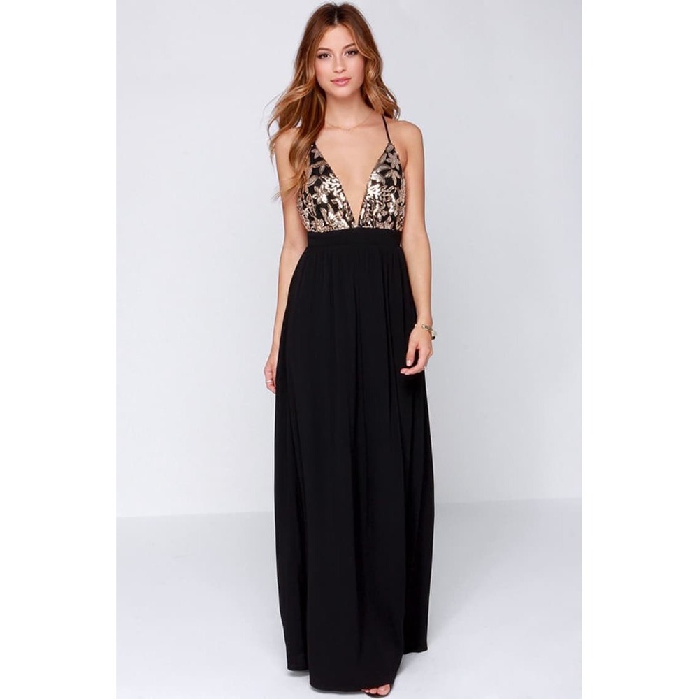 Lovers + Friends Good As Gold Black Gold Sequin Floral V-Neck Maxi Dress Small